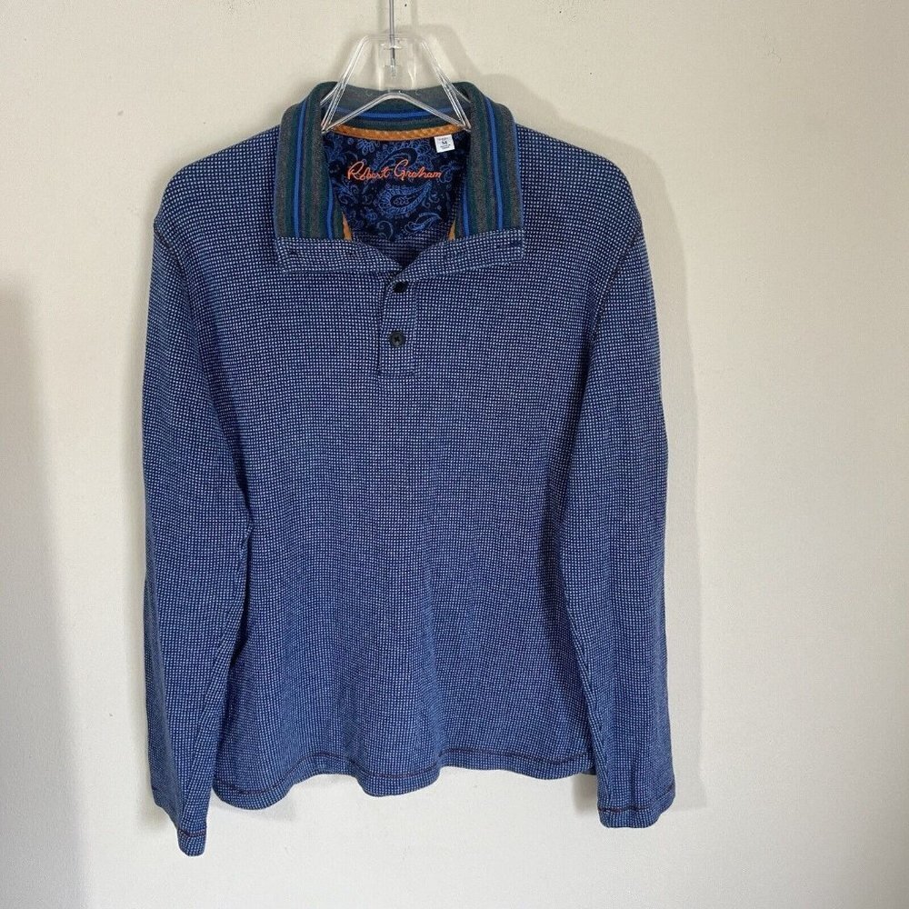 Robert Graham Sweater Mens Medium M Blue Henley Long Sleeve Cotton Collared